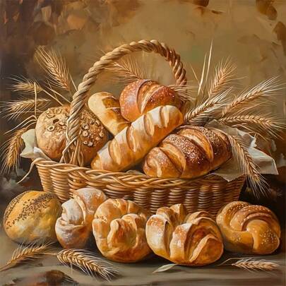 新款5D DIY钻石画套装 - 麦穗面包篮，圆形亚克力无框十字绣马赛克工艺品，完美的家居装饰礼品，适合成人和初学者，精致的节日礼物