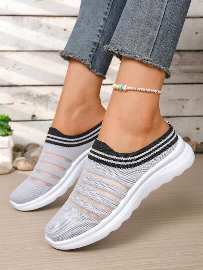 新款条纹针织穆勒鞋，女士轻便透气一脚蹬乐福鞋，软底休闲无后跟鞋