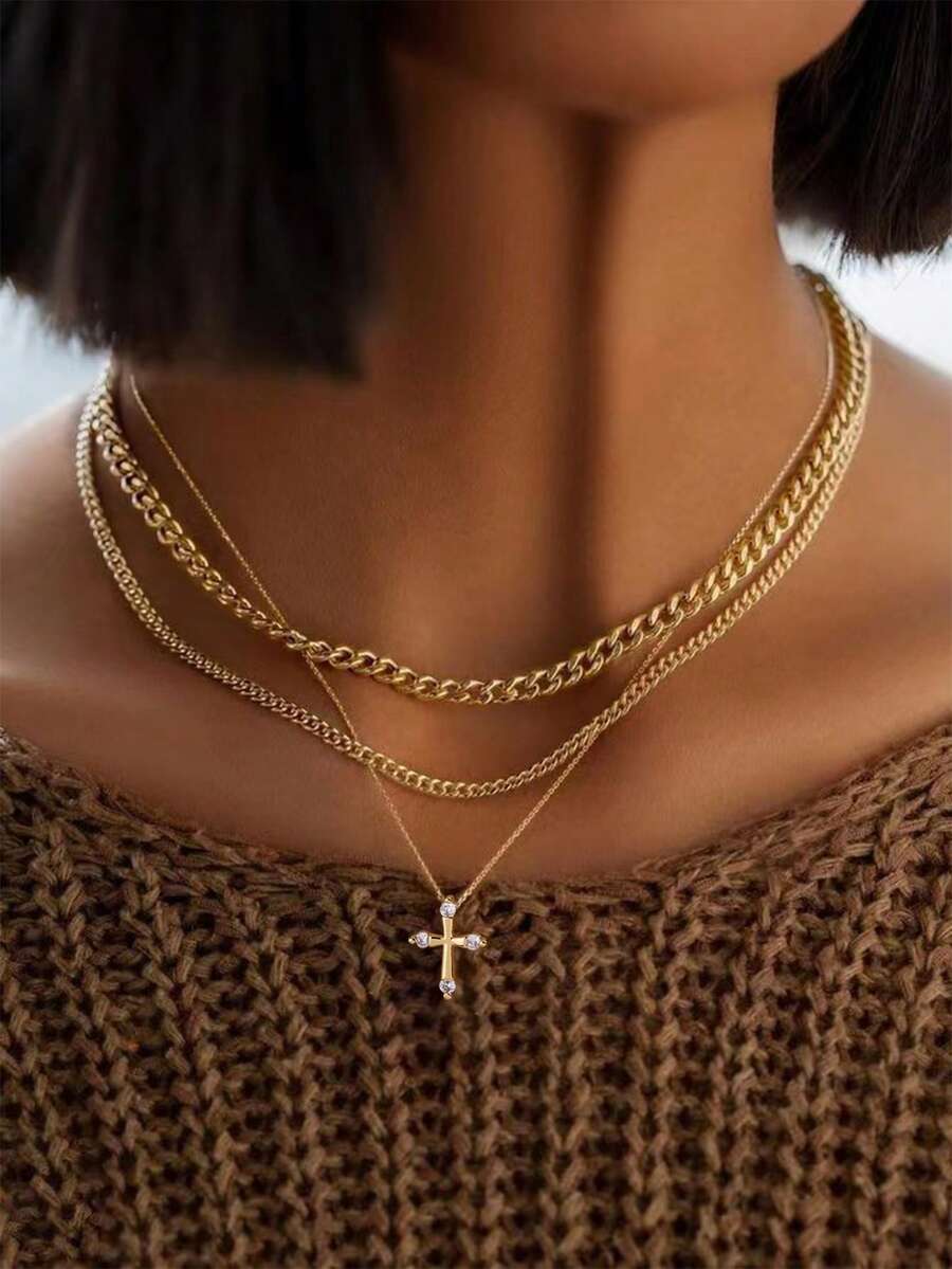 3pcs Set Multilayer Gold Cross Copper Zirconia Necklace Set, Fashionable Minimalist Layered Necklace & Sweater Chain - Yellow Gold - View 1