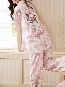 Gongdie Disney 迪士尼玛丽猫印花纯棉睡衣套装（2件套），长袖，春秋季 - 粉色 - 查看 6