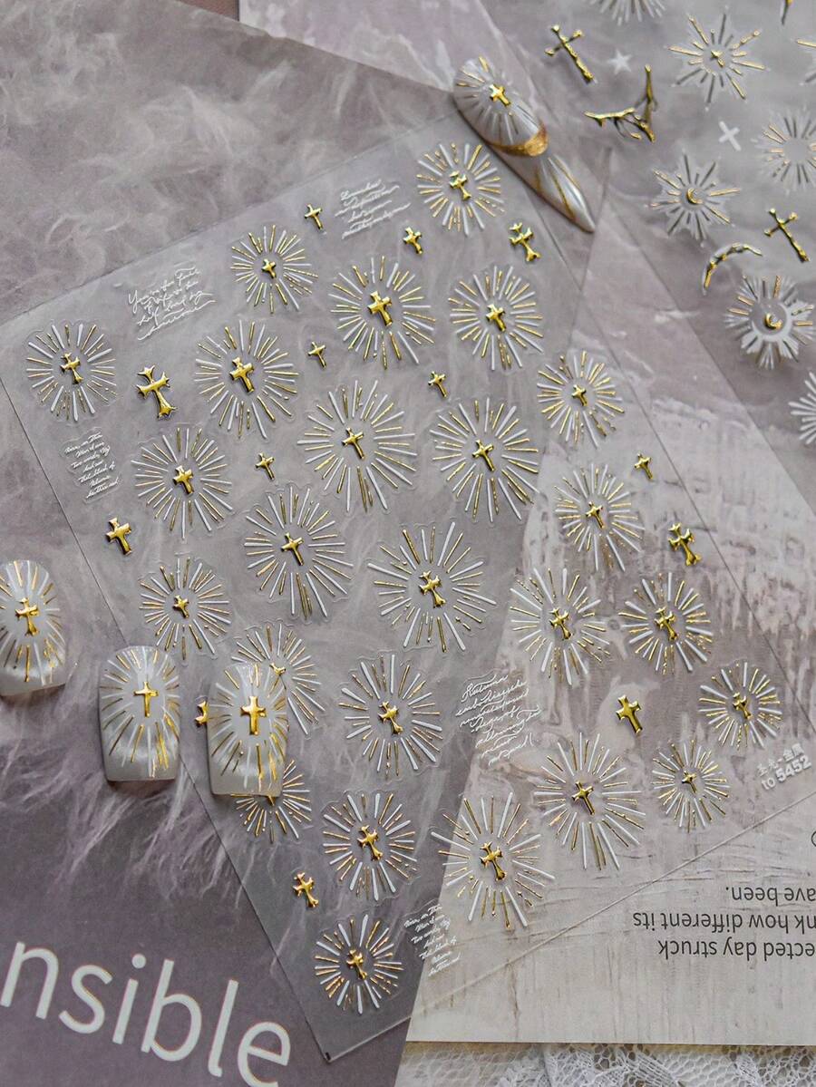 1pc 5D Gold Plated Nail Sticker, Luxury & Exquisite Nail Sticker, Retro Halo Faith Nail Sticker, DIY Nail Sticker Nails Nail Supplies - Multicolor - View 1