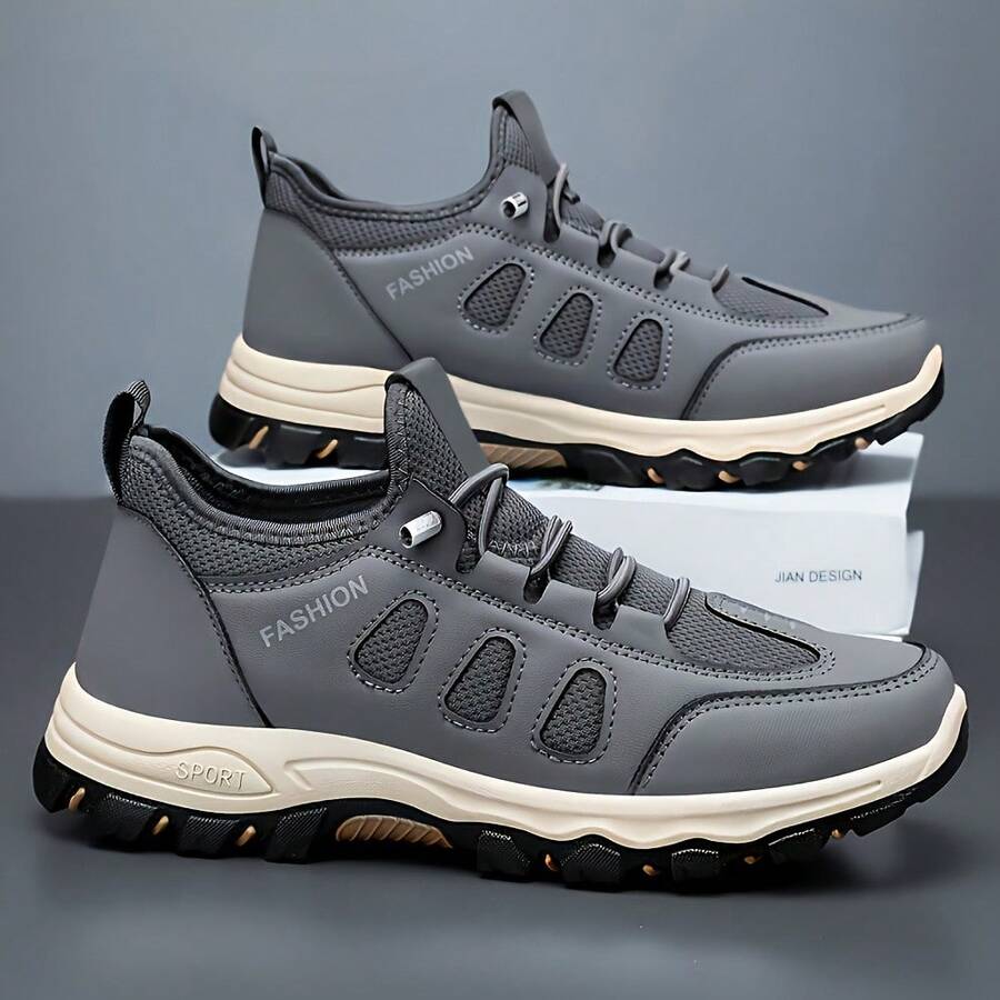 Men's Casual Non-Slip Sneakers, Breathable Mesh & PU Leather Outdoor Walking Shoes - 灰色 - 查看 1