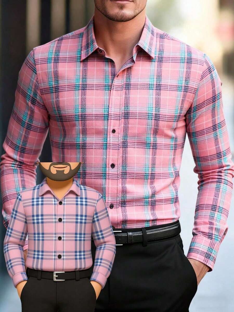 Men's Pink Plaid Shirt - 西瓜粉 - 查看 1