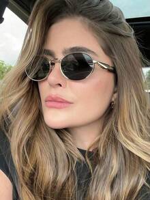 1副欧美新款金属椭圆框时尚眼镜，复古优雅百搭街头风女款眼镜 - 金框灰片 - 查看 3