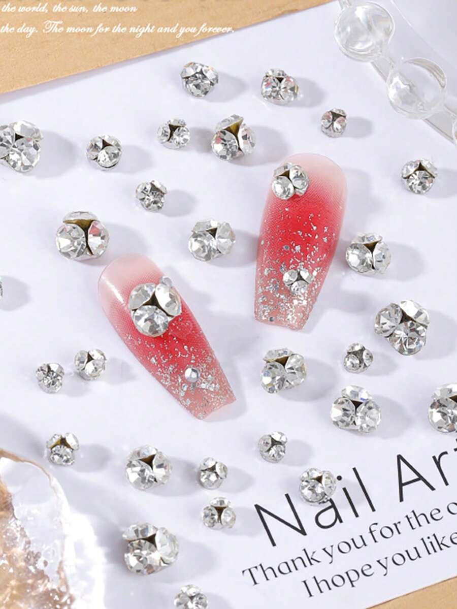 10pcs K9 Mini Nail Art Rhinestones, Shiny Transparent White Asymmetrical Flat Bottom Rhinestone Beads - White - View 1