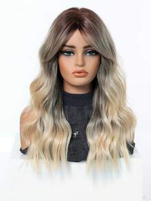 22英寸棕色至灰金色至金色渐变混色波浪卷发假发，女士款，机器制造，耐热合成假发，适合日常及约会之夜。 - 挑染金色 - 查看 4