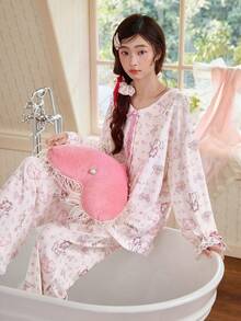 2pcs Disney Marie Cat Print Cotton Long Sleeve Pajama Set For Women, Spring/Summer - Baby Pink - View 3