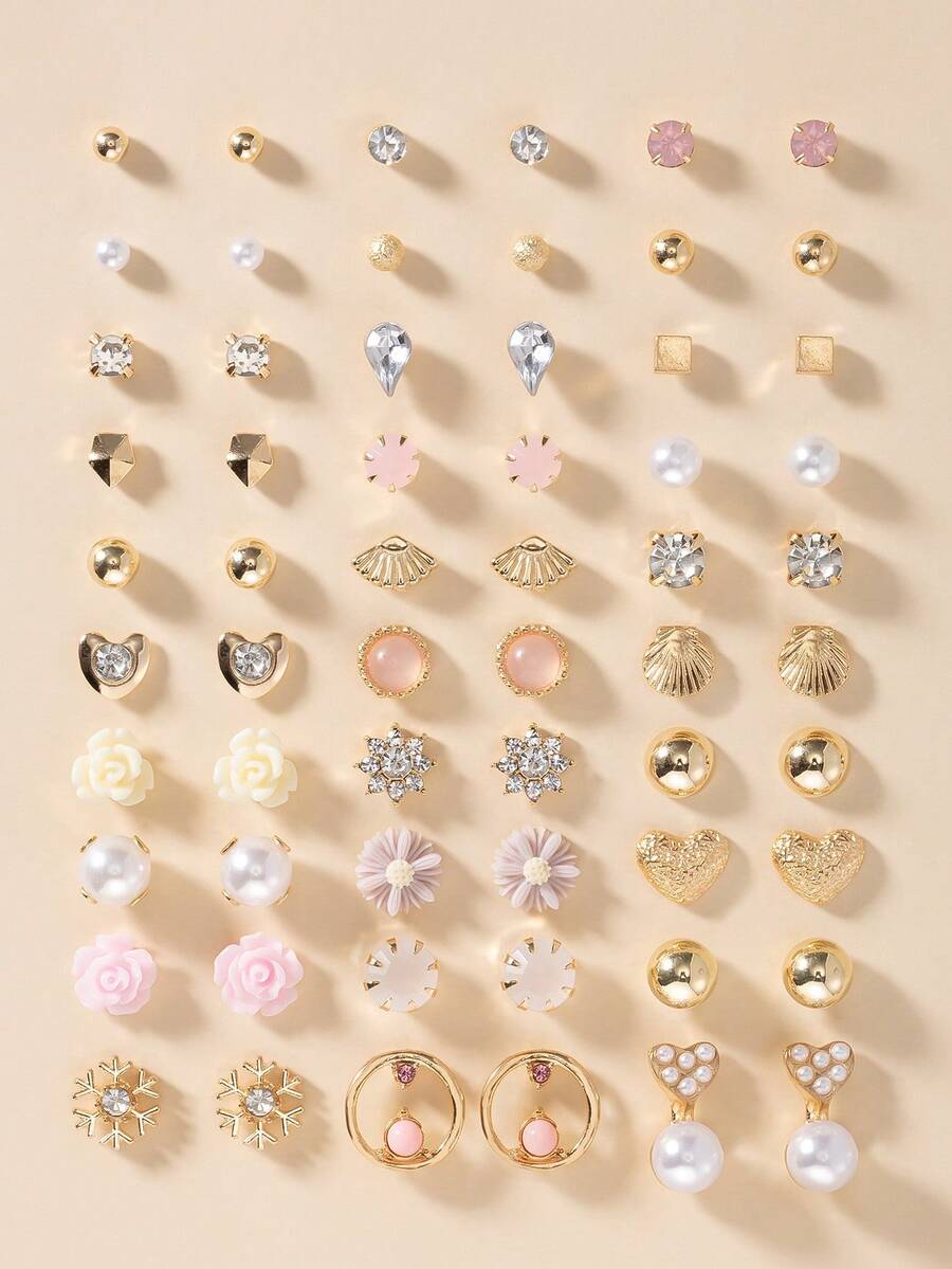 30对/套金属仿珍珠耳环，简约可爱时尚爱心、水滴、蝴蝶、水钻、花朵、太阳造型，百搭日常佩戴首饰礼盒套装，女士适用