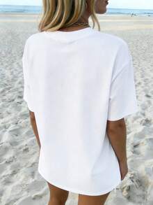 Top de verano MOOSGOP - Estilo bohemio de playa y vacaciones / Casual / Versátil / Cómodo / Ropa de estar en casa - Estampado en inglés de árbol de coco y tabla de surf / Diseño de marca de agua - Camiseta de manga corta, cuello redondo y hombros caídos de corte holgado - Ropa de playa para mujer Blanco - Blanco - Ver 7