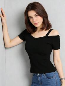 Blusa de mujer Novedad de verano: camiseta de manga corta sin tirantes y con hombros descubiertos de estilo coreano para mujer, con cuello recto, hombros descubiertos y corte ajustado y sensual, ideal para estudiantes. - Negro - Ver 7