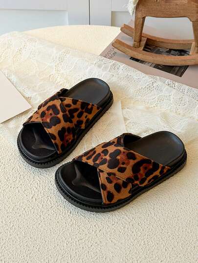 1 par de sandalias planas de suela gruesa con tiras cruzadas y punta abierta, de tela suave y duradera con estampado de cebra, cómodas y antideslizantes, adecuadas para salidas casuales y fiestas de moda en verano