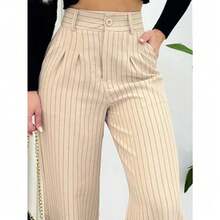 Tailored Wide Leg Palazzo Pants With Pinstripe Pattern - Beige - View 1