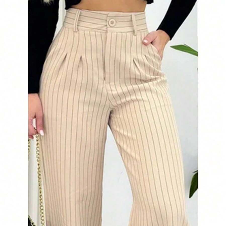 Tailored Wide Leg Palazzo Pants With Pinstripe Pattern - Beige - View 1