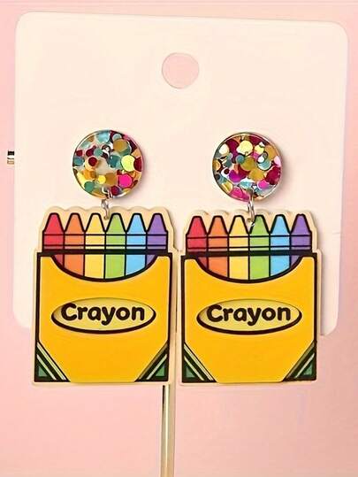 1对毕业返校主题彩色闪光蜡笔铅笔亚克力吊坠耳环，时尚创意少女礼物