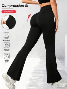 女士提臀塑形无缝瑜伽裤，高腰喇叭裤腿 - 黑色 - 查看 5