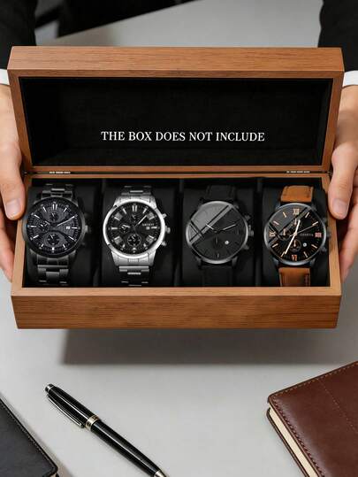 4pcs/Set Minimalist Business Men's Quartz Watch Set, Including Black Metal Band Black Dial Multifunctional Chronograph Quartz Watch, Silver Metal Band Black Dial Multifunctional Chronograph Quartz Watch, Black Leather Band Minimalist Quartz Watch, Brown Leather Band Multifunctional Chronograph Quartz Watch