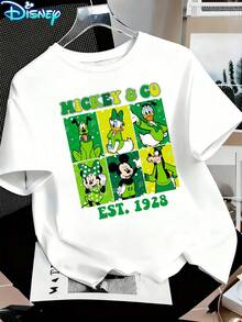Disney Women's Mickey & Friends St. Patrick's Day "Mickey & Co" Character Collage Short-Sleeved T-Shirt - Amusement Park Lucky Theme Round-Neck Top, Soft Cotton Breathable Fabric, Summer Casual Vacation Style, Fun Design, Suitable For Parade & Daily Leisure, Breathable And Comfortable - 白色 - 查看 2