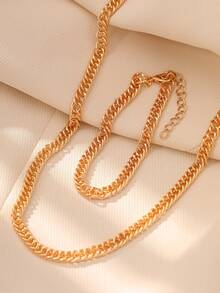 2件套时尚嘻哈金属金色手链项链首饰套装（女士款） - 金黃色 - 查看 6