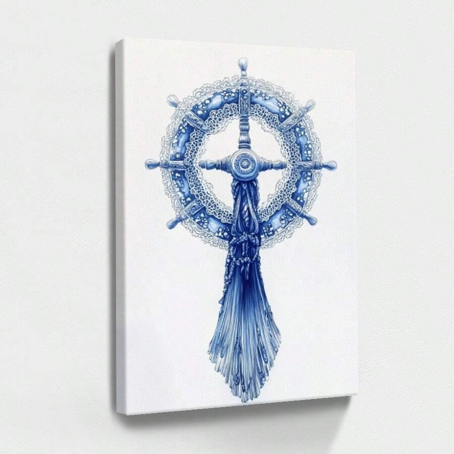 1 pza Arte de pared de verano azul, decoración de playa, cuadro de lienzo con marco, póster vintage, rueda, cuerda, elemento decorativo - Abstracto, decorativo, estilo minimalista, decoración para sala, dormitorio u oficina, incluye herrajes - Vertical - Lienzo enmarcado - Ver 1