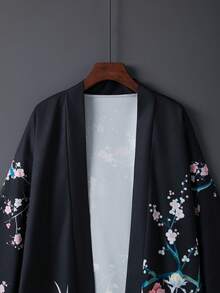 复古优雅奢华度假风宽松中长浴袍，可作睡衣、薄款外套、时尚休闲家居服、夏季沙滩比基尼罩衫、和服式罩衫、防晒外套（黑色） - 黑色 - 查看 3