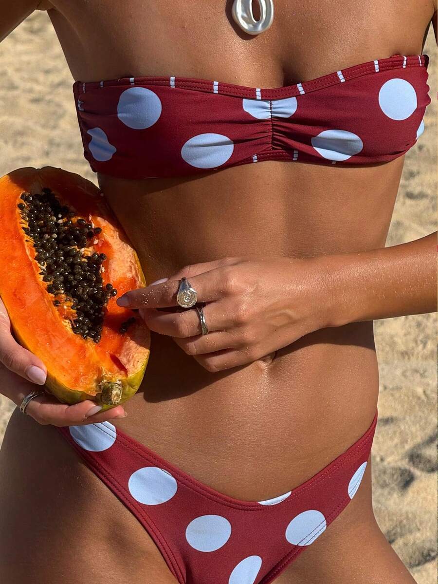 女款酒紅色波點綁帶式比基尼,性感海灘度假風兩件式泳衣套裝,適合 2026 春夏,完美生日禮物 - 淺藍色 - 查看 1