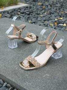 Sandalias con tacón y adornadas con diamante de imitación brillantes para adolescentes - Zapatos de fiesta con tiras doradas y transparentes - Dorado - Ver 8