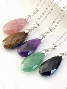 优雅多面切割水晶水滴吊坠项链，天然宝石颈链，搭配不锈钢链 - 彩色 - 查看 1