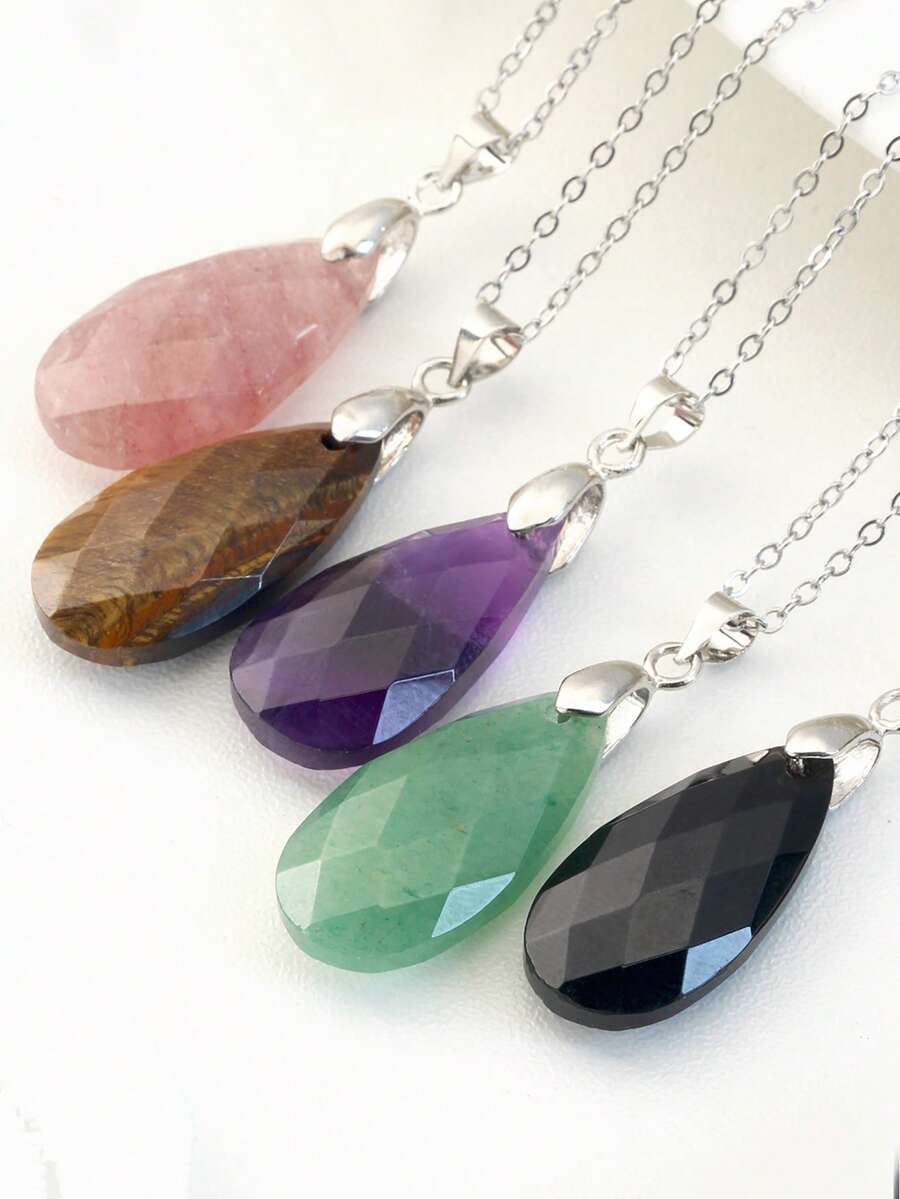 优雅多面切割水晶水滴吊坠项链，天然宝石颈链，搭配不锈钢链 - 彩色 - 查看 1