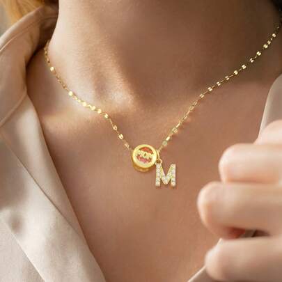1pc Simple Fashion Round Birthstone MOM Initial Pendant Golden Stainless Steel Lip Chain Necklaces For Women