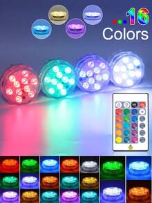 1/4/8 piezas Luces LED impermeables, luces sumergibles de 16 colores cambiantes con control remoto para acuario, jarrón, bañera, jacuzzi, Halloween, Navidad, piscina y decoración de fiestas - Blanco - Ver 3
