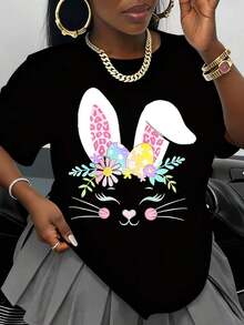 Summer Tops2026White Easter Bunny T-Shirt With Colorful Eggs And Flowers Graphic For Women Spring Festival Cute Animal Print Top Casual Wear Holiday Gift Ideagraphic Tees Women - 黑色 - 查看 12