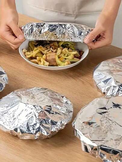 10/30/50/100/120pcs Reusable Aluminum Foil Food Wrap, Heat Insulation Stretch Film, Suitable For Fruits, Meals, Utensils, Thermal Food Containers, Reflective Surface, Heat Resistant Lid