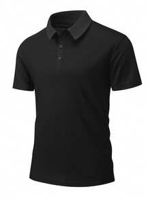 男士纯色Polo衫，休闲运动装，短袖，夏季黑色 - 黑色 - 查看 4