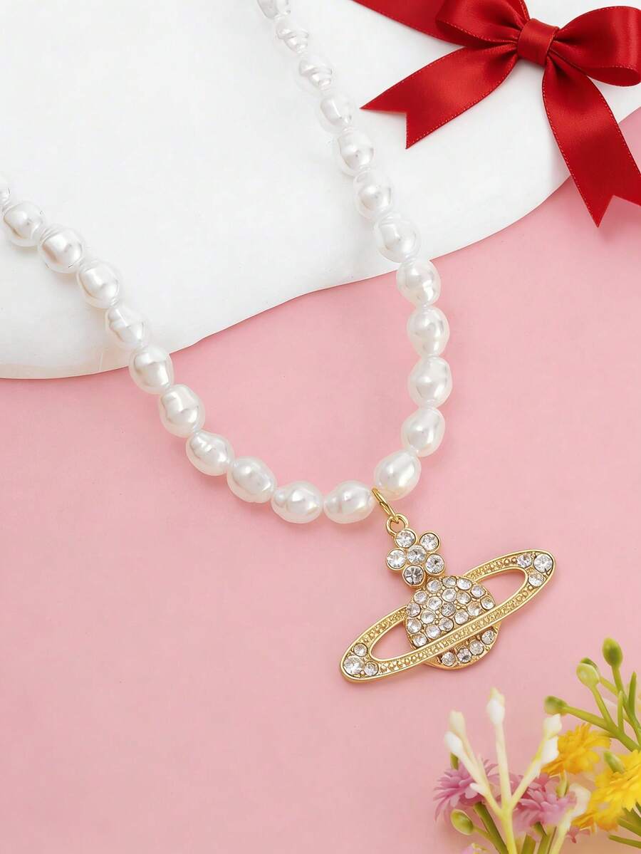1pc Fashion Flower & Planet Faux Pearl Beaded Necklace With Planet Pendant, Suitable For Teenage Girls Daily Wear - Multicolor - View 1