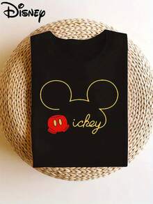 Disney Licensed Mickey Print Soft Stretchy Casual Short-Sleeve Top, Stylish Short-Sleeve Round-Neck T-Shirt For Women - màu đen - Xem 6