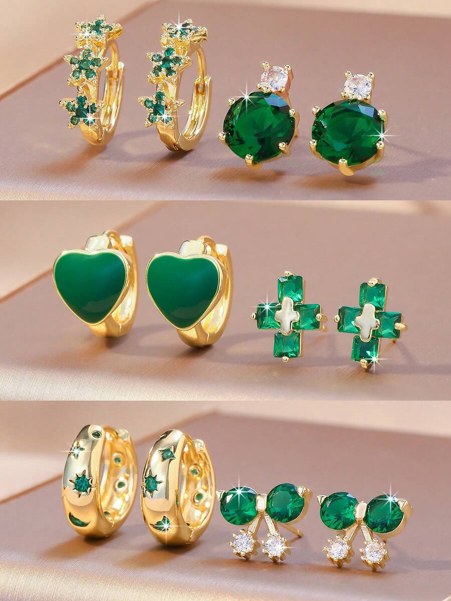 2 Pairs Elegant Fashion Versatile Shiny Green Cubic Zirconia Heart, Star, Cross, Butterfly Earrings, Suitable For Work And Daily Wear, Minimalist Yet Luxurious Gold Jewelry - Gold - View 1