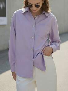 Women's Fashion Long Sleeve Shirt Collar Shirt Front Button Woven Fabric Regular Fit Blouse - Mauve Purple - View 2