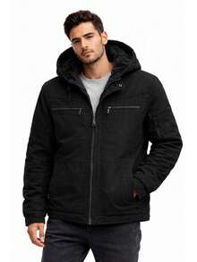 Men's Twill Jacket, Fully Lined With Faux Fur, With A Removable Hood. - Black - View 1