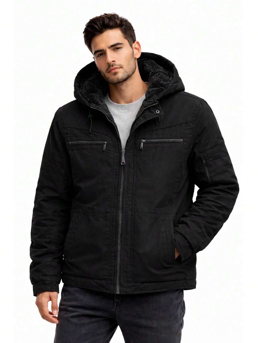 Men's Twill Jacket, Fully Lined With Faux Fur, With A Removable Hood. - Black - View 1
