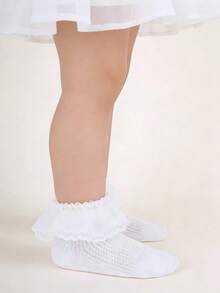 3 Pairs Random Floral Lace White Socks, Floral Embroidery Mesh Ruffle Trim Princess Socks, Elegant High-End Student Socks - White - View 3