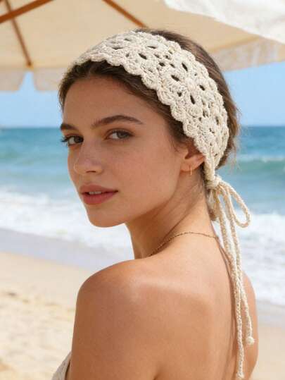 1 pieza Diadema hecha a mano de ganchillo con diseño floral hueco, estilo bohemio, adecuada para la playa, uso diario, vacaciones