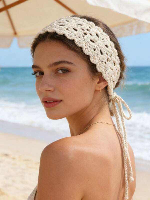 1pc Handmade Crochet Floral Hollow Headband, Bohemian Style, Suitable For Beach, Daily Wear, Vacation Summer Hair Accessories Boho Summer Beach Hair Bands