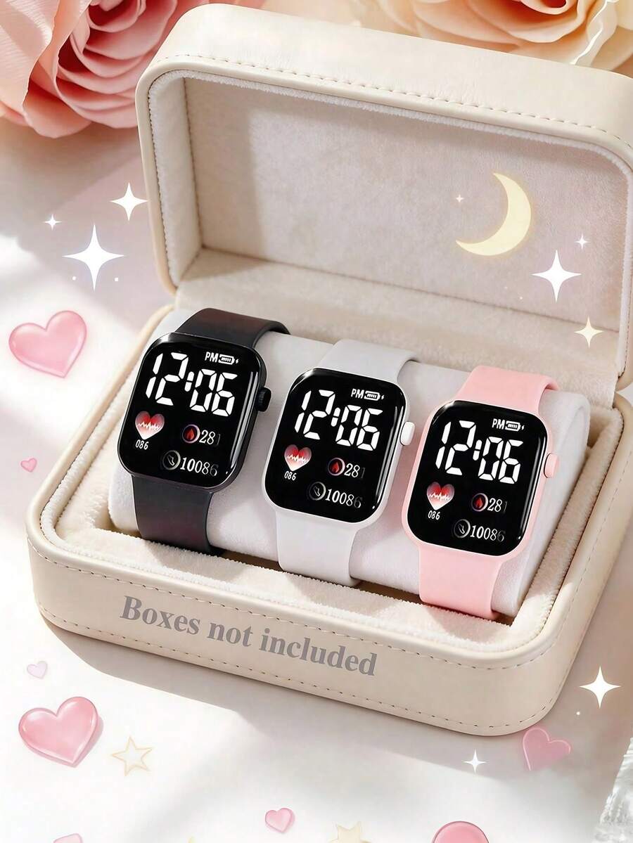 3/2pcs Girls Cute & Fashionable Elegant LED Digital Display Electronic Watch Set, Suitable For Girls Daily Wear, Perfect For Back To School, Graduation Season, School Supplies, Girls Birthday/Holiday Gift, Vacation, Travel, Party Decor, Easter Gift For Girls/Friends, Elegant Accessory For Girls - Multicolor - View 1