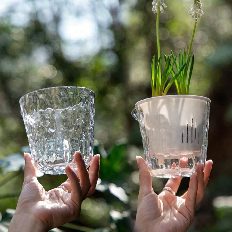 1个冰川图案透明懒人自浇水花盆，适用于水培植物、水仙花，无需浇水，塑料仿玻璃花盆。