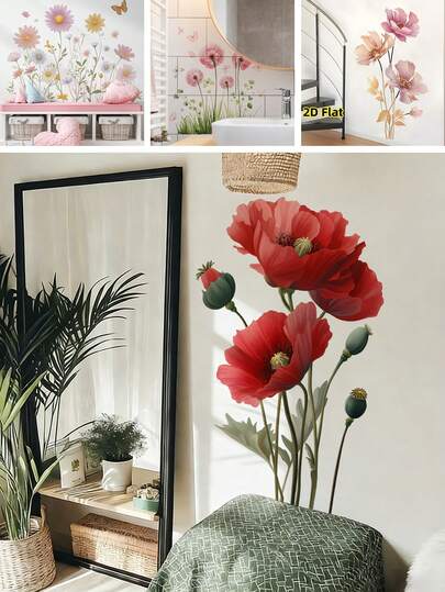BRUP 1/2 Sheets Red Flower Wall Sticker, Removable Vinyl Floral Decal With Dandelion & Butterfly For Baby Nursery, Kids Room, Living Room, Staircase Home Decor - Cute Kawaii Aesthetic
