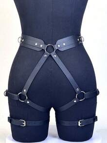 1件装女士真皮吊袜带，性感哥特风身体束缚大腿吊袜带，适合万圣节派对或日常穿着 - 黑色 - 查看 2