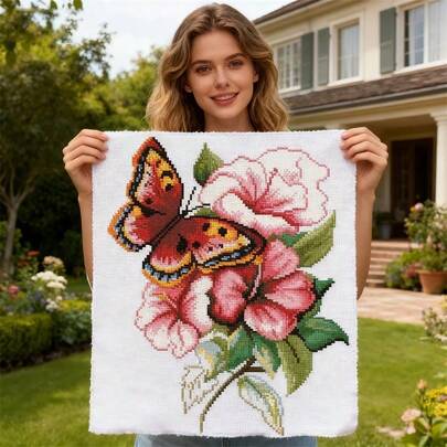 LaoJieYuan 2026 New Flower & Butterfly Print Cross Stitch Set, DIY Collectible Home Decor Painting Handmade Embroidery Kit, Needlework Craft Embroidery Set, Crochet Knitting Kit, Sewing Accessories, Embroidery Floss Craft Supplies, Beginner Sewing Pattern