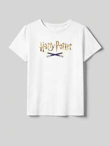 Whysmera SHEIN X Harry Potter Áo thun ngắn tay in chữ phong cách thường ngày dành cho nữ, thích hợp cho mùa hè. - trắng - Xem 4