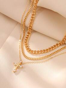 3pcs Set Multilayer Gold Cross Copper Zirconia Necklace Set, Fashionable Minimalist Layered Necklace & Sweater Chain - Yellow Gold - View 6