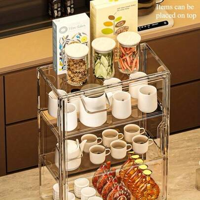 Magnetic Door Organic Glass Display Cabinet, Dust-Proof And Stackable, Suitable For Kitchen, Great For Storing And Displaying Cups, Teapots, Coffee Equipment And Collections, A Fashionable Storage Solution